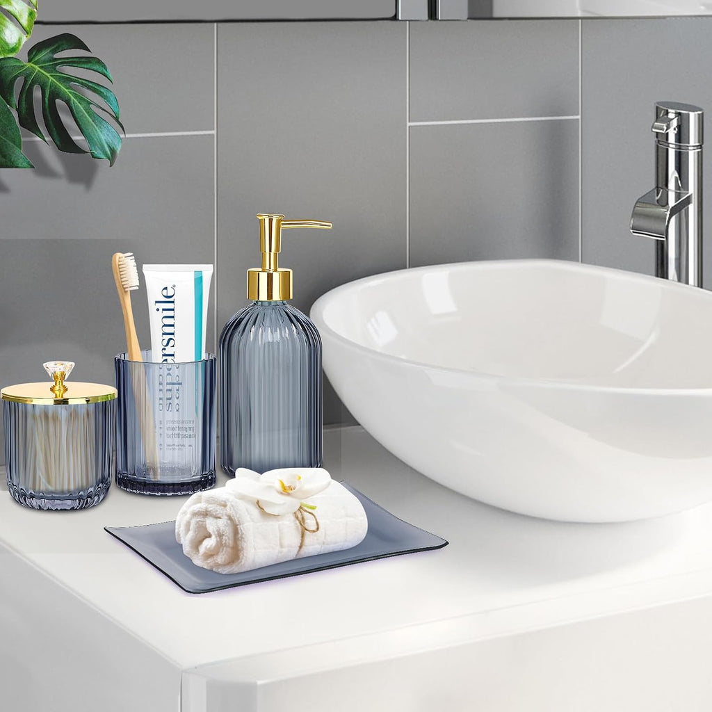 Glass Bathroom Accessories Set, Blue Bathroom Set, 4 Pcs | Kit w/ Bathroom Soap Dispenser Set, Toothbrush Holder