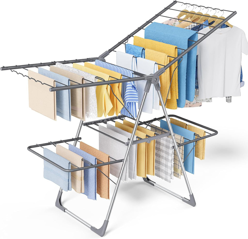 Clothes Drying Rack, Foldable 2-Level with 55.5" Adjustable Wings | Laundry Room, Bedroom, Indoor & Outdoor Use