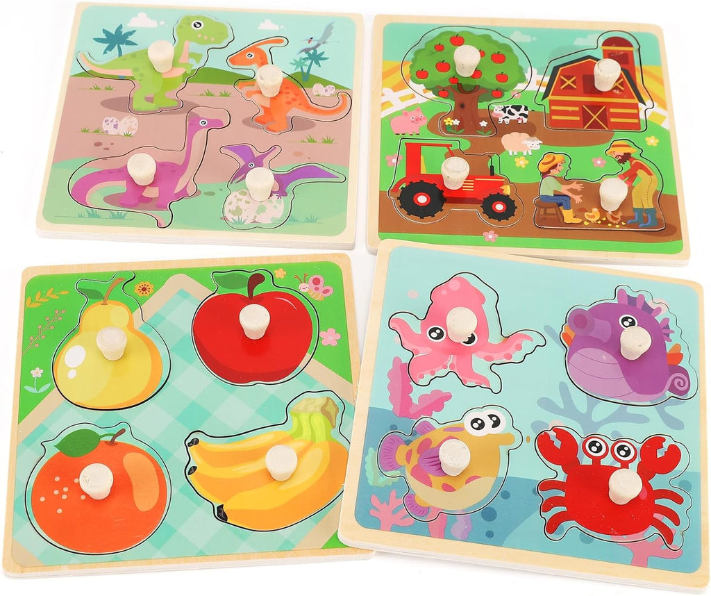Wooden Peg Puzzles for Toddlers 1-3, Kids' Educational Preschool Peg Puzzle Toy, Set of 4 Toddler Puzzles - Farm