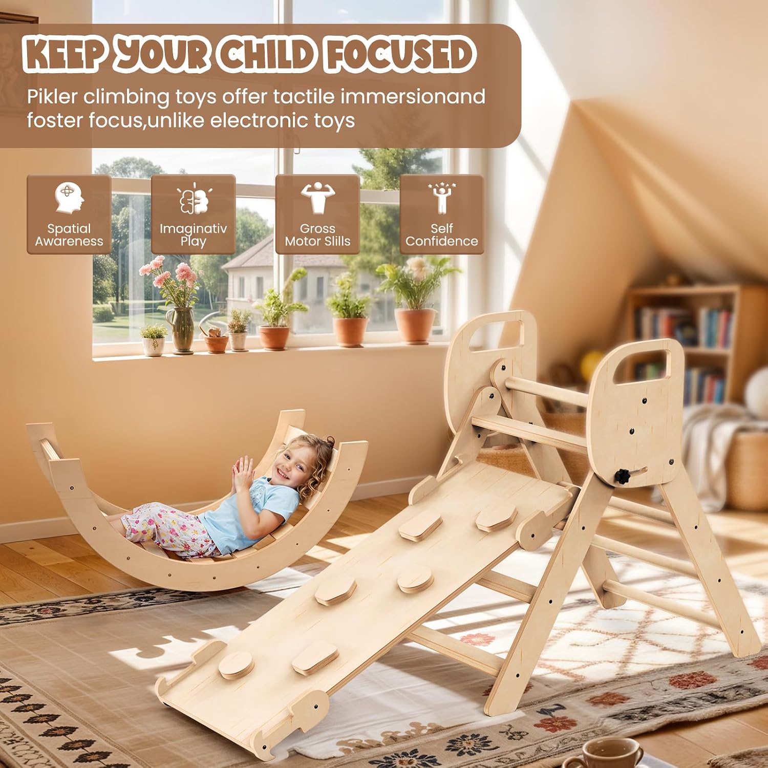 Pikler Triangle Set Foldable Wooden Toddler Climbing Toys Indoor, Playground Jungle Gym for Kids, Montessori Climbing