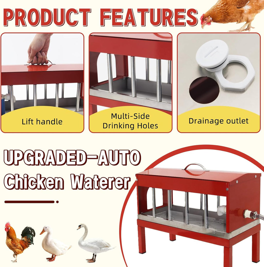 Automatic Chicken Waterer, Multi-Side Drinking Holes and Detachable Legs