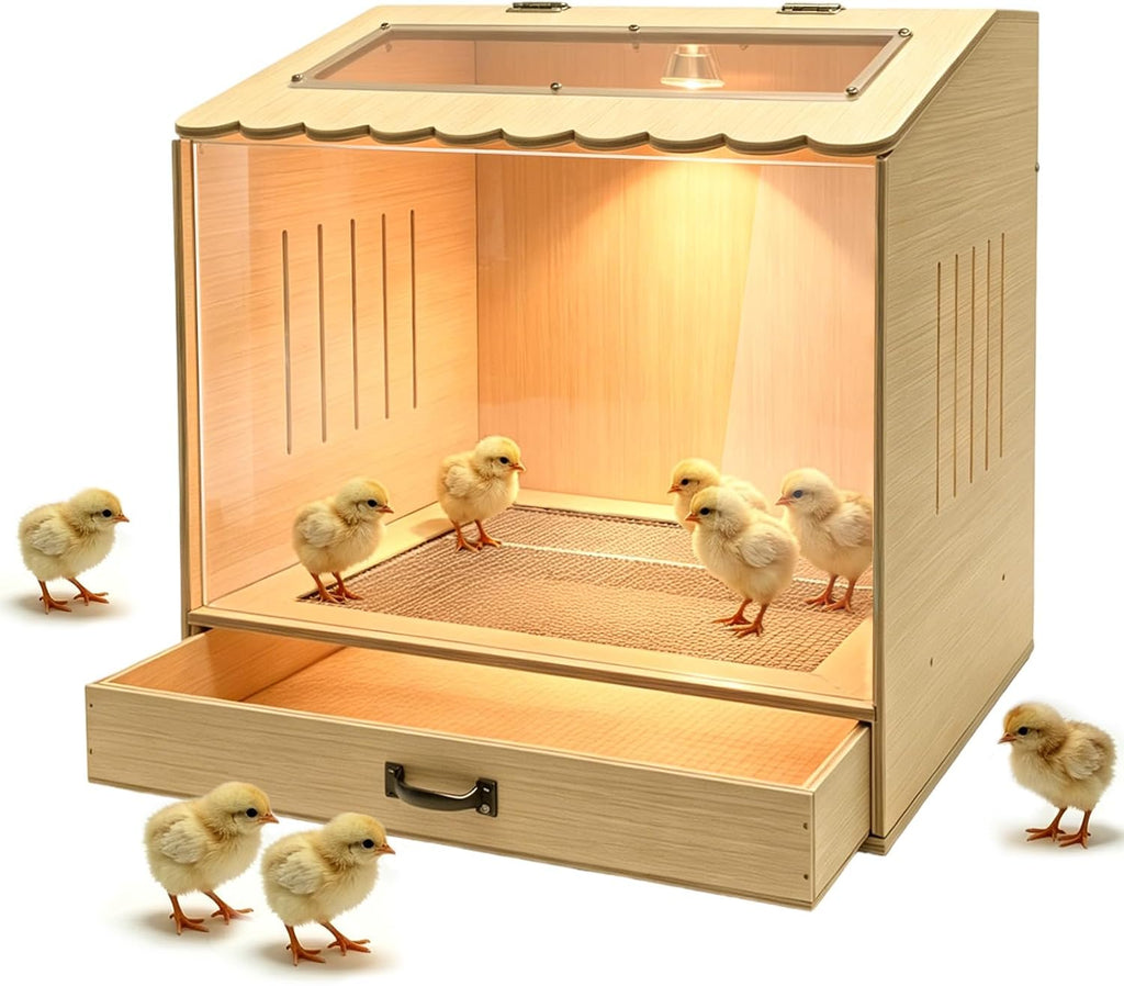 Wooden Chicken Brooder Box with Heating Lamp, 20x18x16 Inch Brooder Box with Mesh Bottom Drawer for Waste Collection