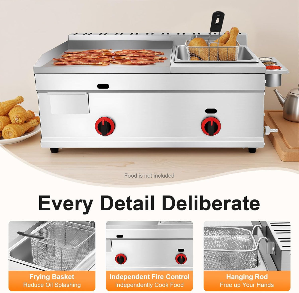 Propane Deep Fryer & Flat Top Grill Griddle, Commercial 2 Burner Fryer
