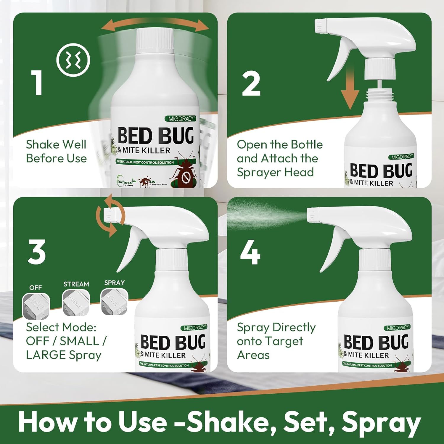 Natural Bed Bug Spray 16oz, Non-Toxic Sprayer, Plant-Based Bedbug & Dust Mite Repellent, Safe for Family & Pets