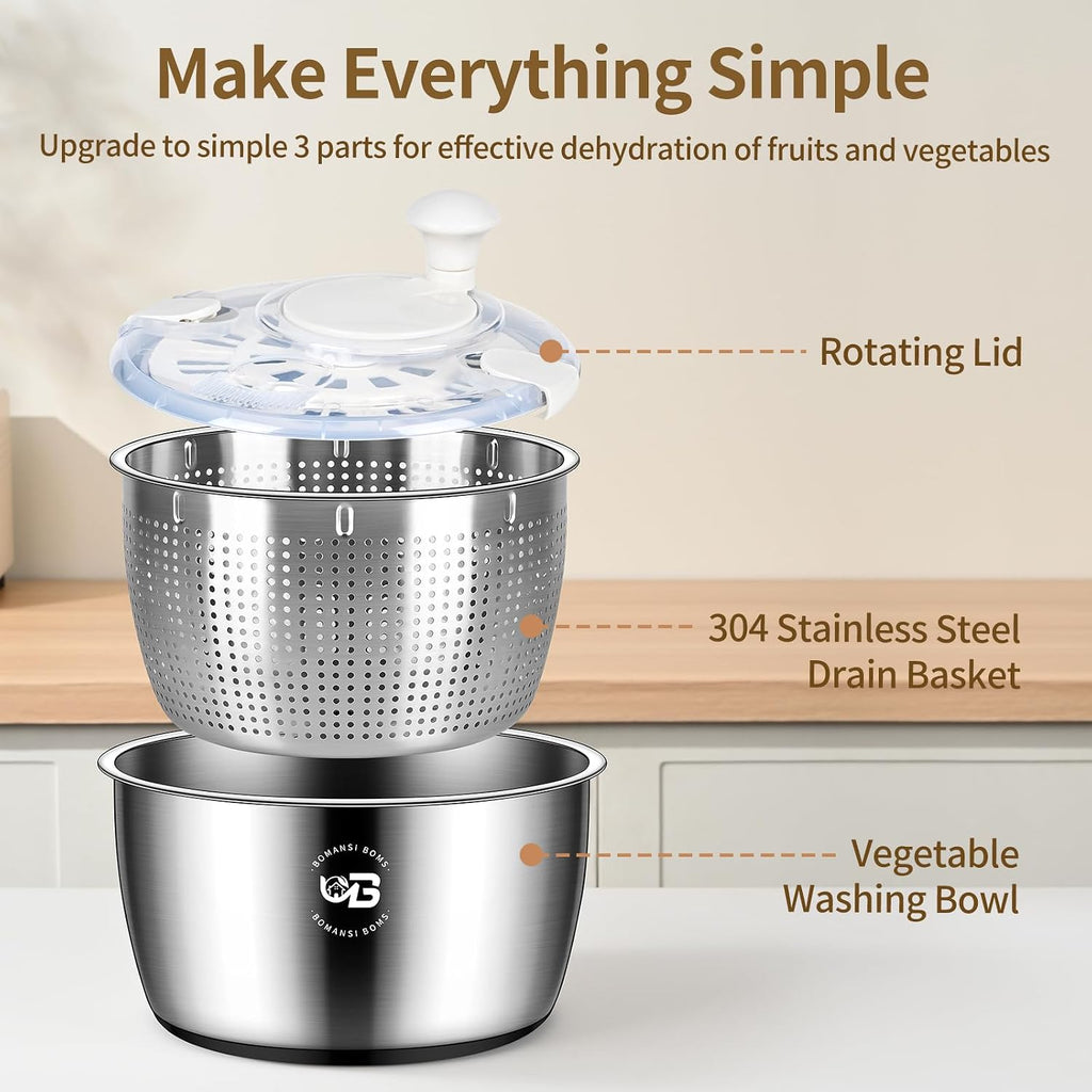 5.3 Qt Stainless Steel Salad Spinner, BOMANSI BOMS Large Salad Spinners Vegetable Spinner, Lettuce Spinner, Fruit