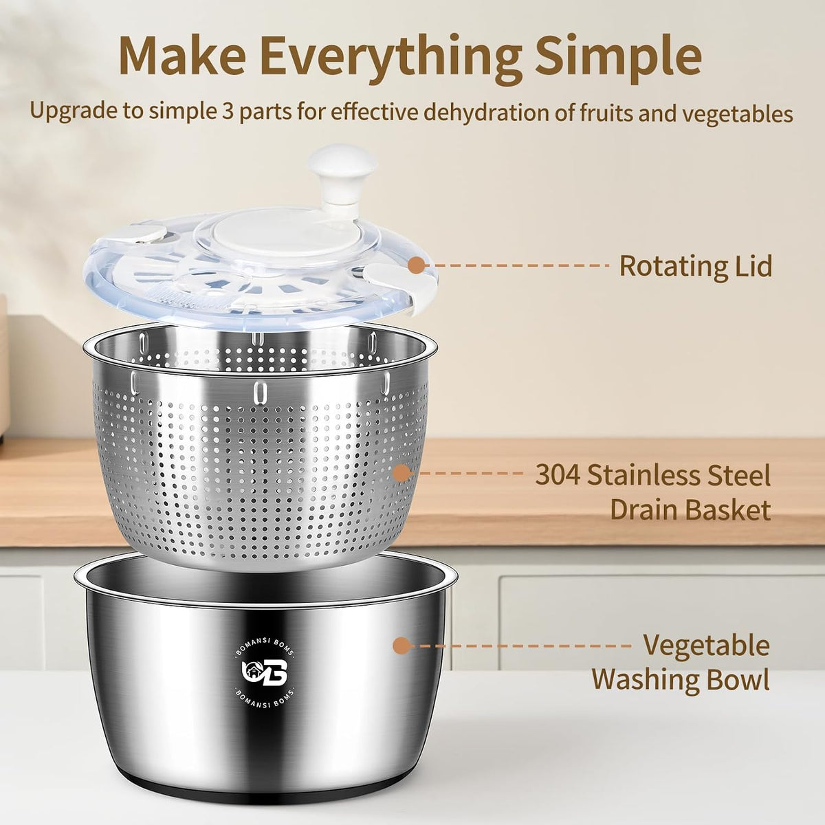 5.3 Qt Stainless Steel Salad Spinner, BOMANSI BOMS Large Salad Spinners Vegetable Spinner, Lettuce Spinner, Fruit