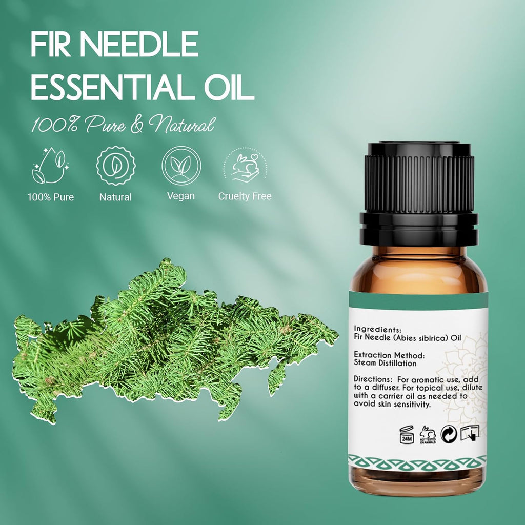 Fir Needle Essential Oil, for Diffuser, Skin, Massage, 0.34 Oz | 100% Pure, Organic, Amber Glass Bottle with Dropper