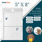 5" X 8" Reclosable Zipper Plastic Poly Bags With Hang Hole 4 Mil LDPE (Pack of 100) Clear Sealable With Resealable