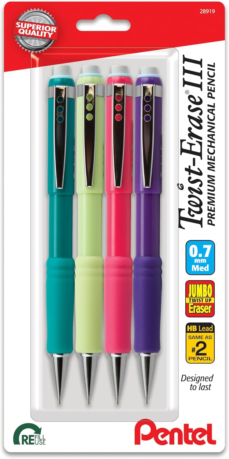 Twist-Erase III Mechanical Pencil, (0.7mm), Medium Line, Assorted Fashion Color Barrels, Pack of 4 (QE517FBP4M)