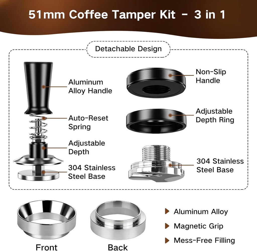 51mm Espresso Accessories Kit, 3-in-1 Set with Coffee Distributor, Calibrated Spring Tamper, and Magnetic Dosing