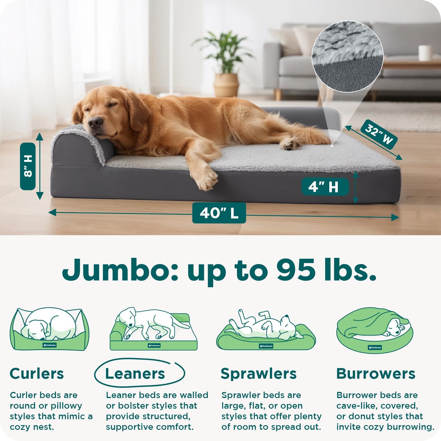 Orthopedic Dog Bed for Large Dogs w/ Removable Bolsters & Washable Cover, For Dogs Up to 95 lbs - Two-Tone Plush Faux
