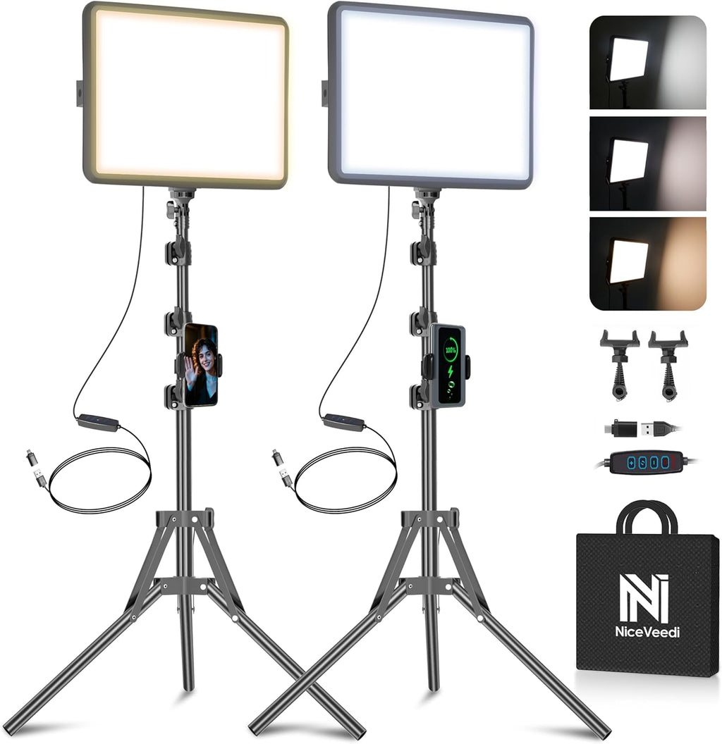 2-Pack LED Video Light Kit, NiceVeedi Studio Light, 2800-6500K Dimmable Photography Lighting Kit with Tripod