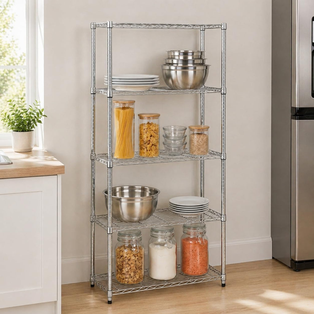5-Tier Rolling Chrome Wire Shelf, NSF, 350 lb/Shelf, 36x18x72