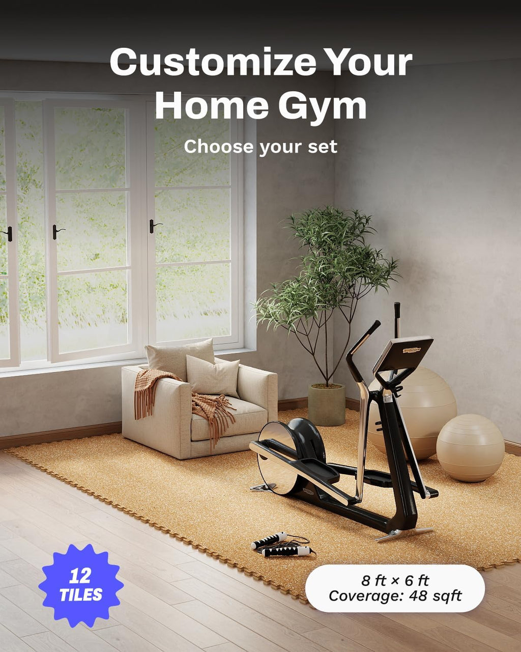 0.56in Thick 48 Sq Ft Exercise Equipment Mats, 12 Tiles Upgraded Rubber Top with High Density EVA Foam, Large