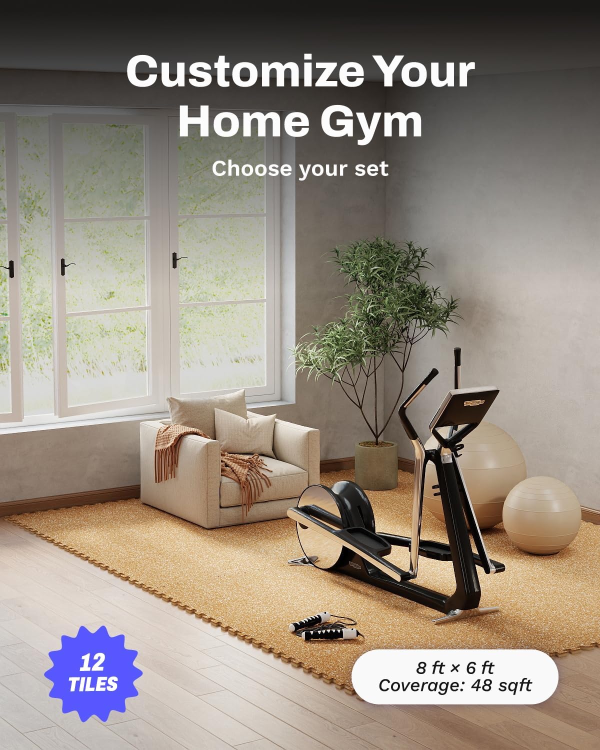 0.56in Thick 48 Sq Ft Exercise Equipment Mats, 12 Tiles Upgraded Rubber Top with High Density EVA Foam, Large