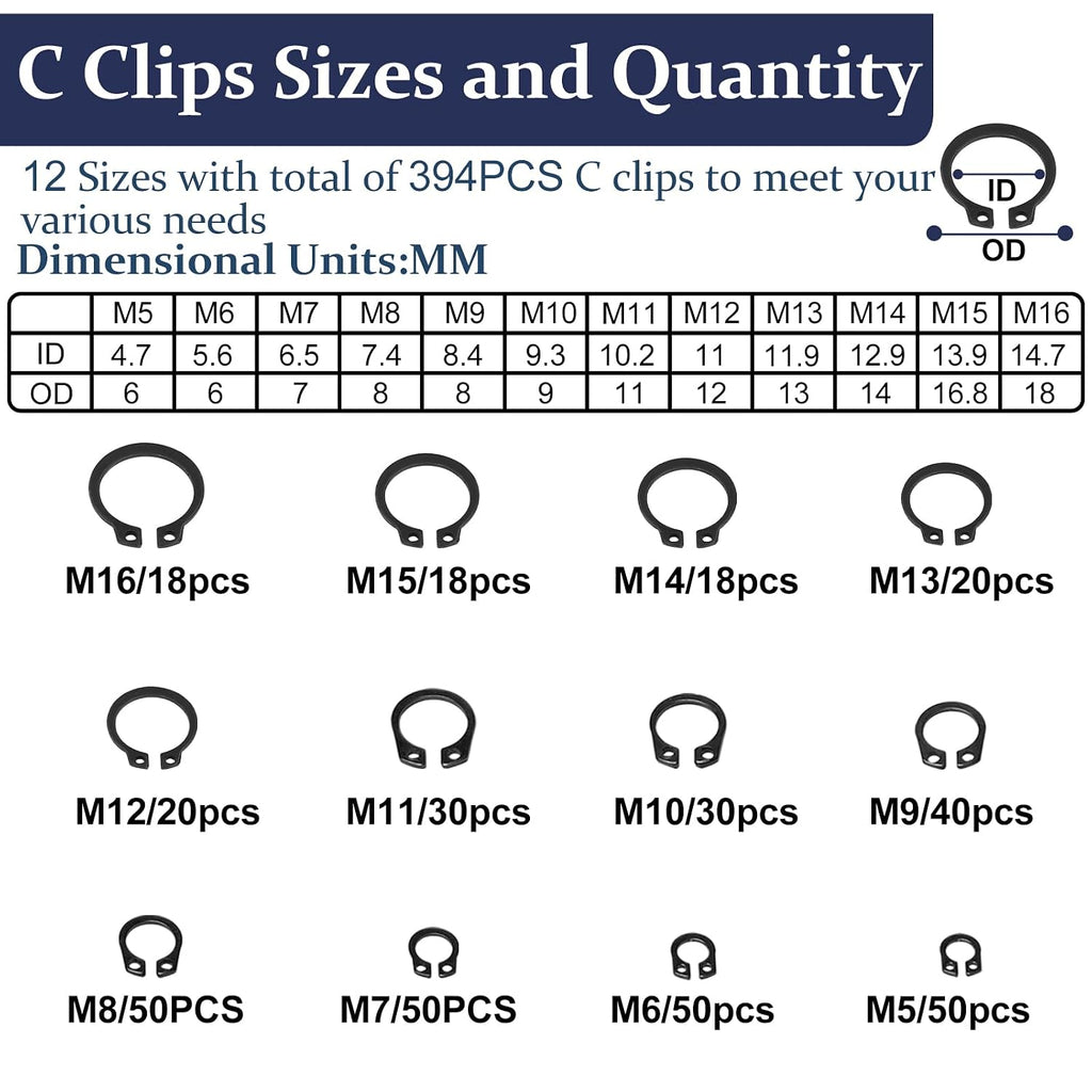 ZQZ 840Pcs C Clips and E Clips Assortment Kit, External Retaining Rings Set