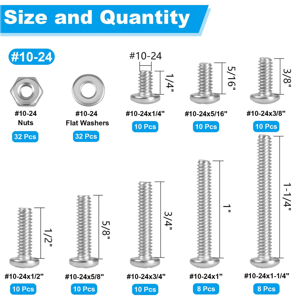 140pcs #10-24 Phillips Pan Head Machine Screws Nuts Washers Kit