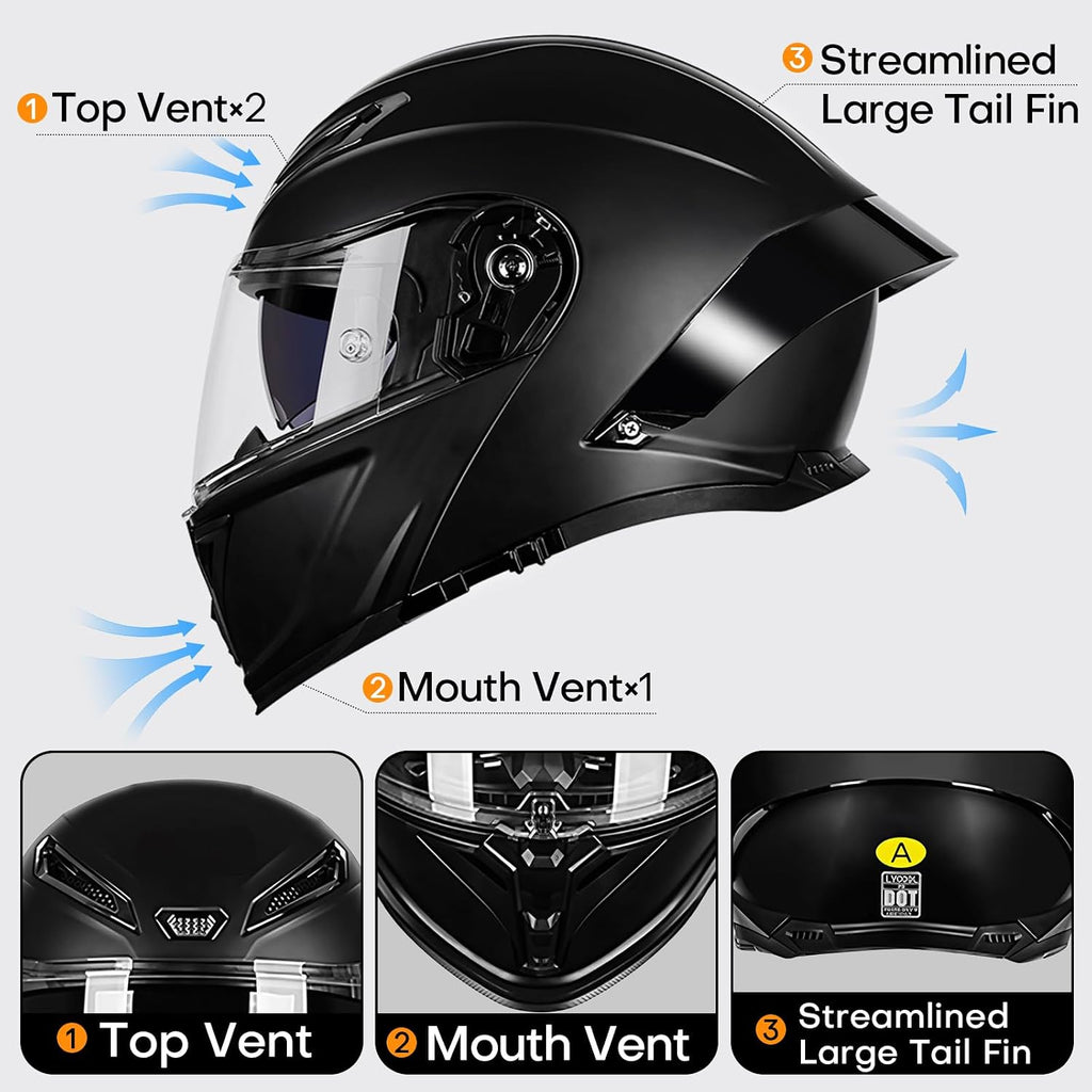Modular Bluetooth Motorcycle Helmet, DOT Approved | Flip Up Full Face Helmets with Dual Visor