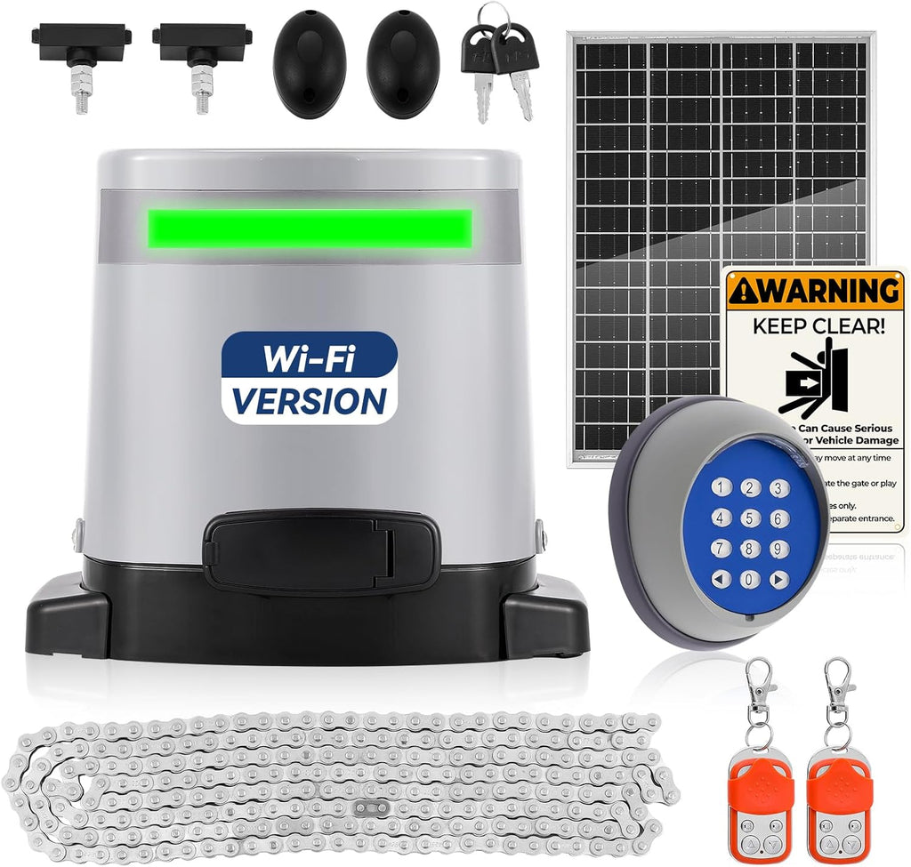 Solar Sliding Gate Opener 1300lbs with WiFi Remote Control & Keypad – 280W Motor, 32V Solar Panel, IR Safety Sensor