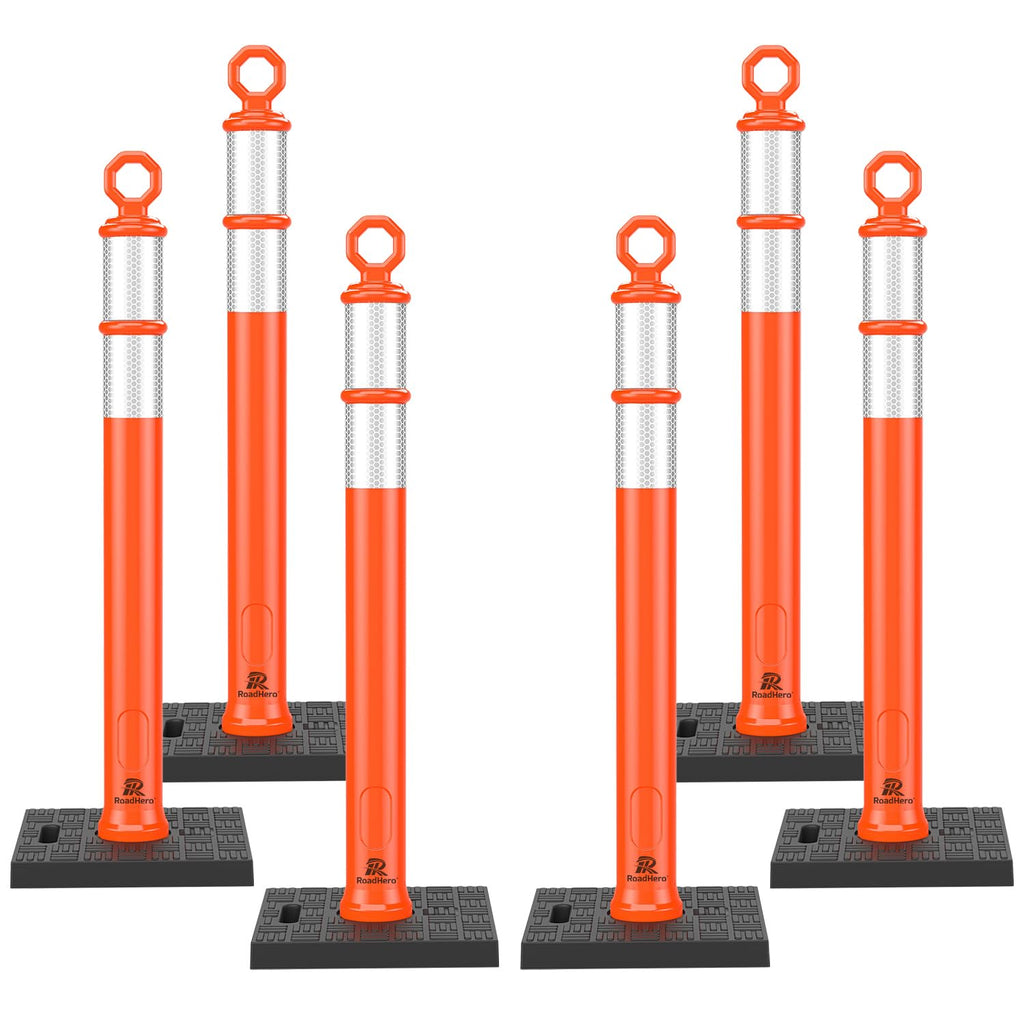 42 Inch Orange Traffic Delineator Post Cones with Base, 6 Pack | Portable Safety Traffic Posts, Reflective Collars