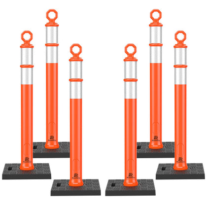 42 Inch Orange Traffic Delineator Post Cones with Base, 6 Pack | Portable Safety Traffic Posts, Reflective Collars