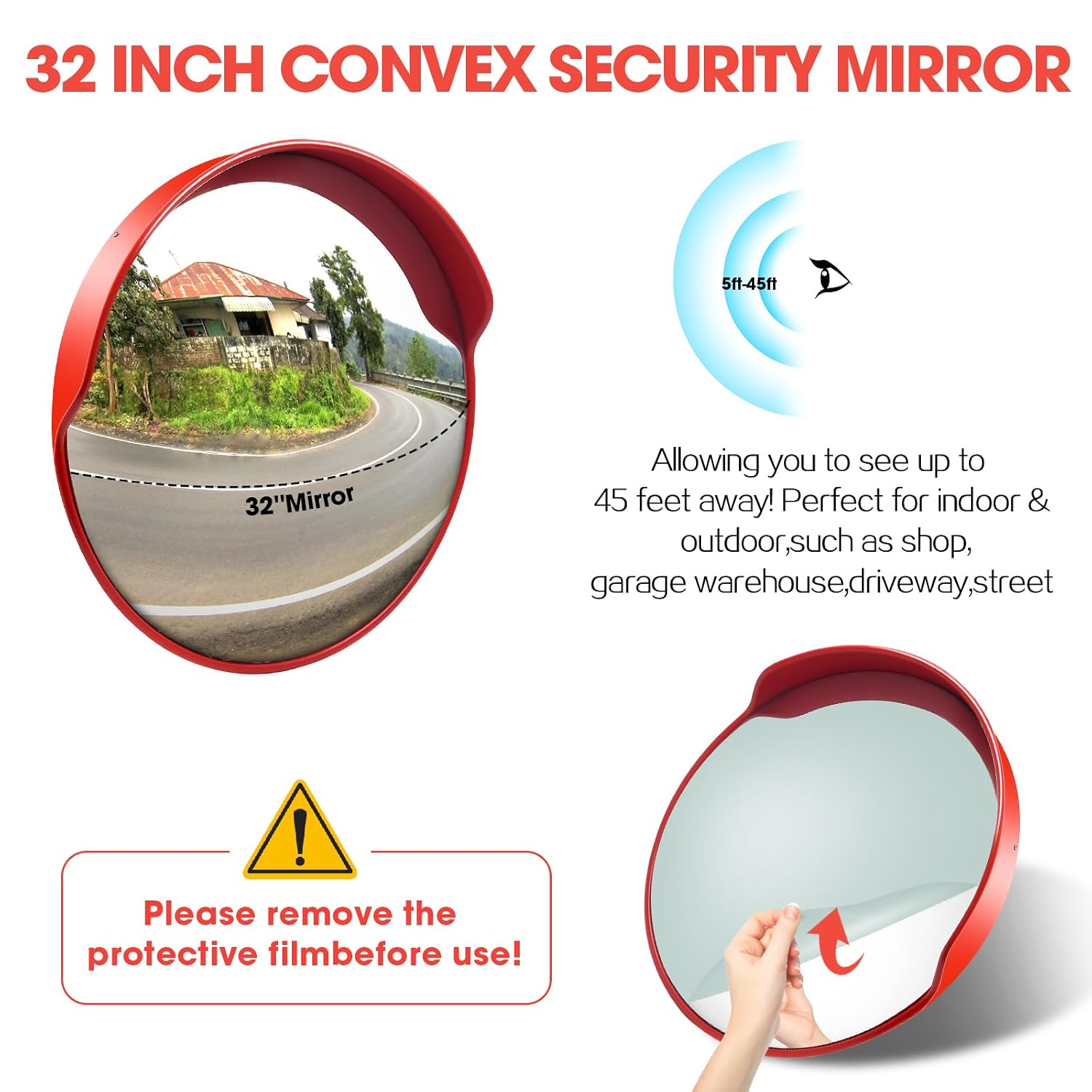 Convex Traffic Mirror - 32" Outdoor Driveway & Security Parabolic Safety Mirror, Acrylic Blind Spot Miror for Garage