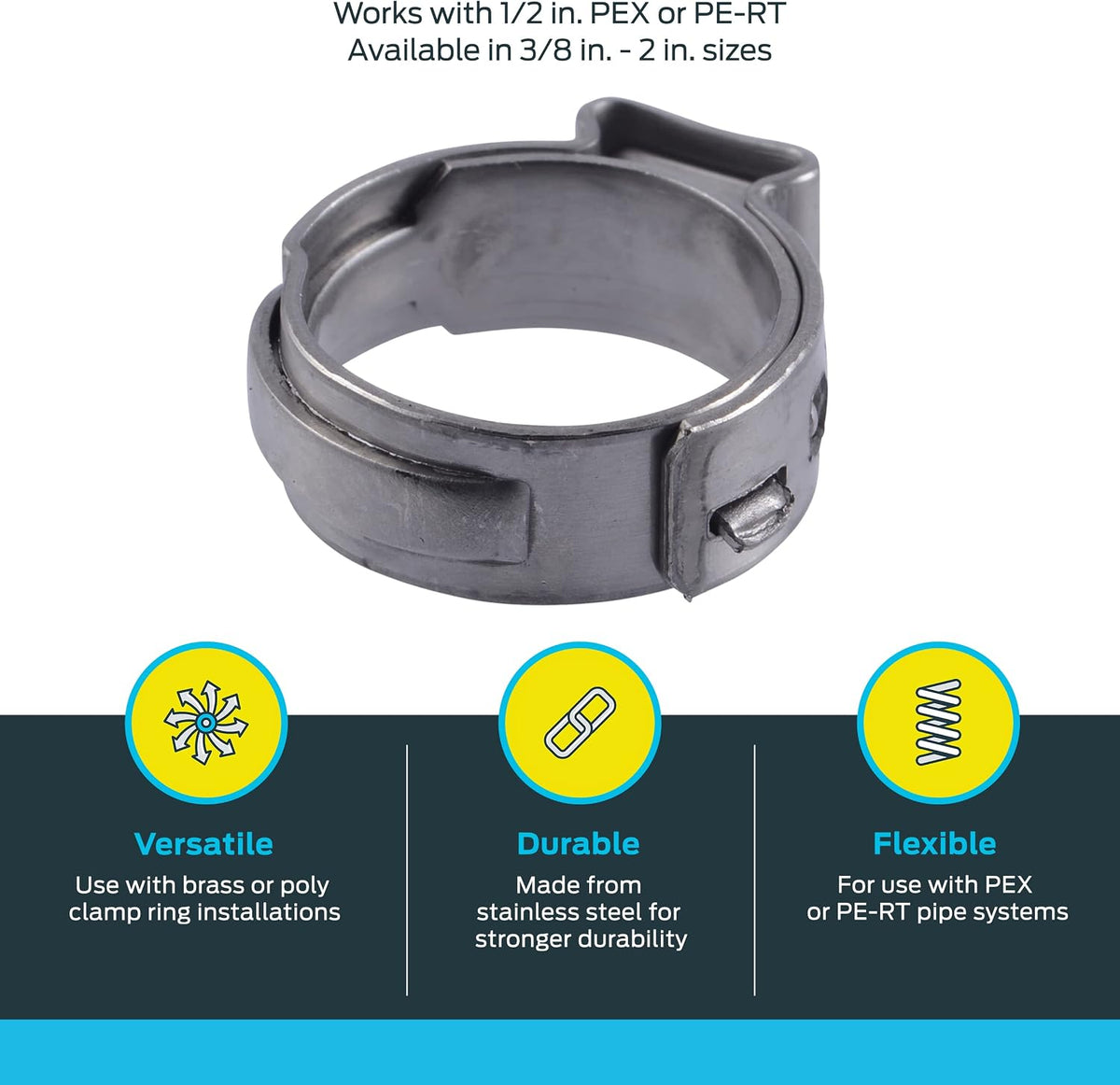 SharkBite 1/2 Inch Clamp Ring, Stainless Steel Plumbing Fitting, PEX Pipe, PE-RT, UC953A