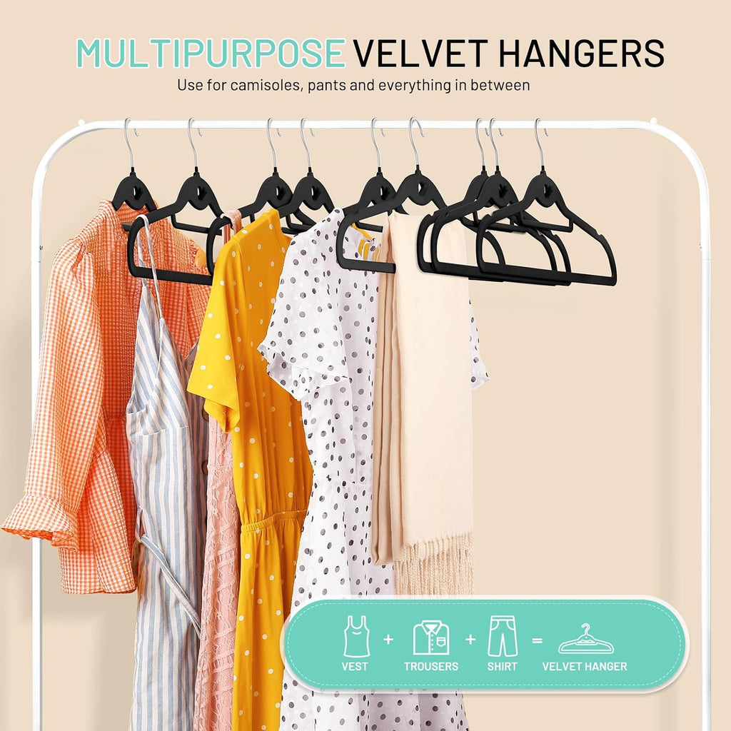 Velvet Stackable Hangers 30 Pack, Clothes Hanger Non Slip Felt with Hook | Black Hangers, 360° Swivel Hook, Thin