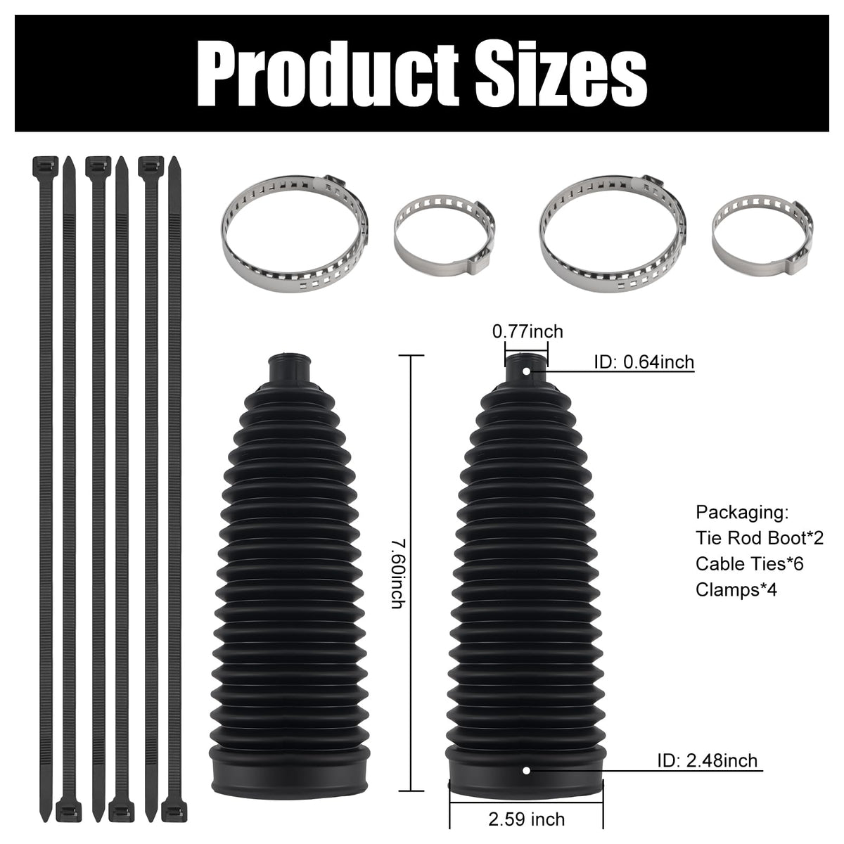Silicone Inner Tie Rod Boot Kit with Cable Ties & Clamps