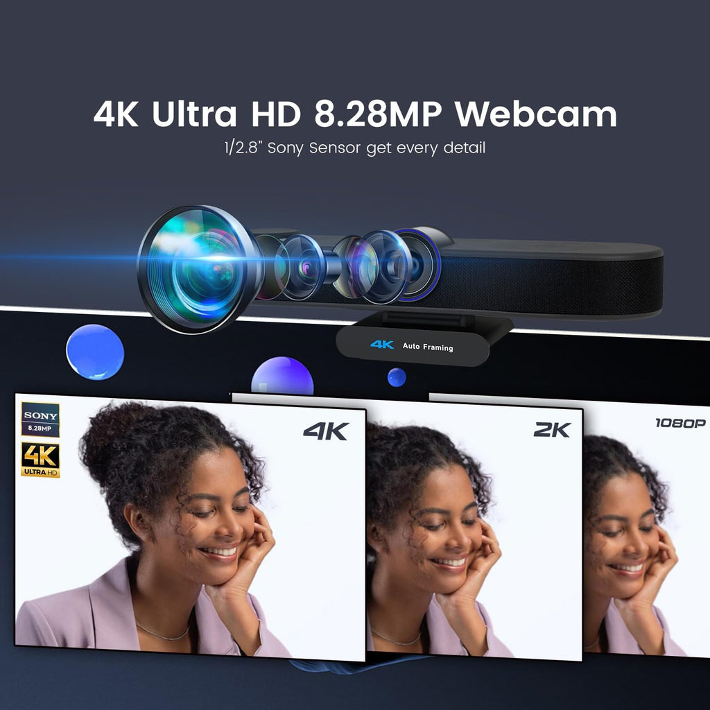 3-in-1 4K Webcam with Microphones and Speaker, AI Auto-Tracking 5X Digital Zoom Webcam 4K Adjustable Field of View