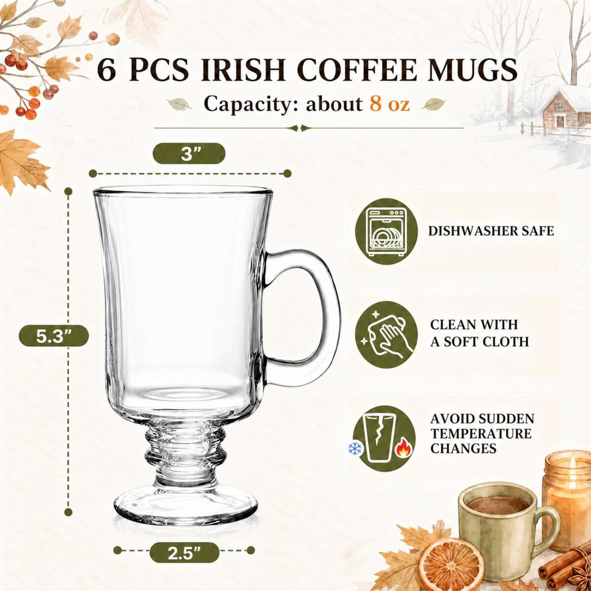 6 Pack Irish Coffee Mugs, 8 oz Glass Clear Coffee Cups Stemmed, Pedestal Crystal Coffee Cup with Handle for