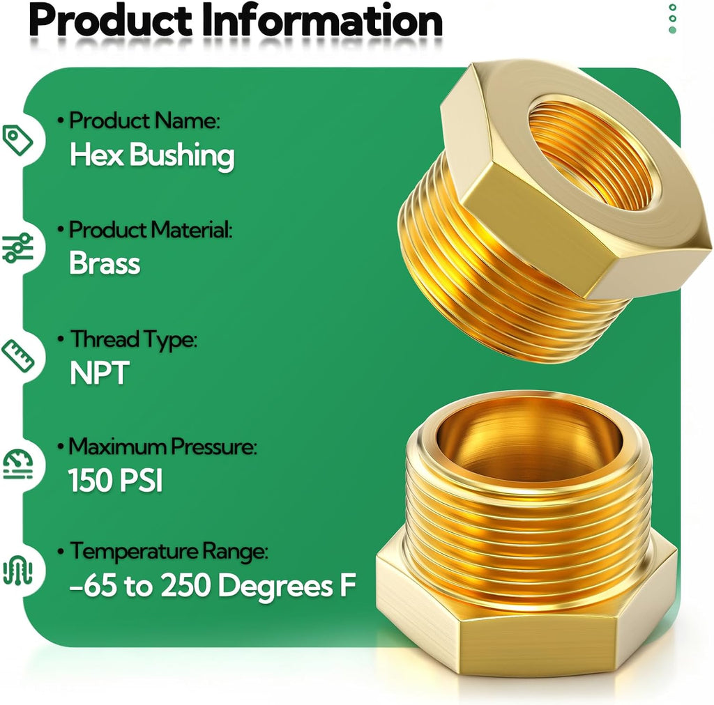 TAISHER 6PCS Brass Reducer Hex Bushing Threaded Pipe Fitting 3/4" NPT Male x 1/2" NPT Female Adapter