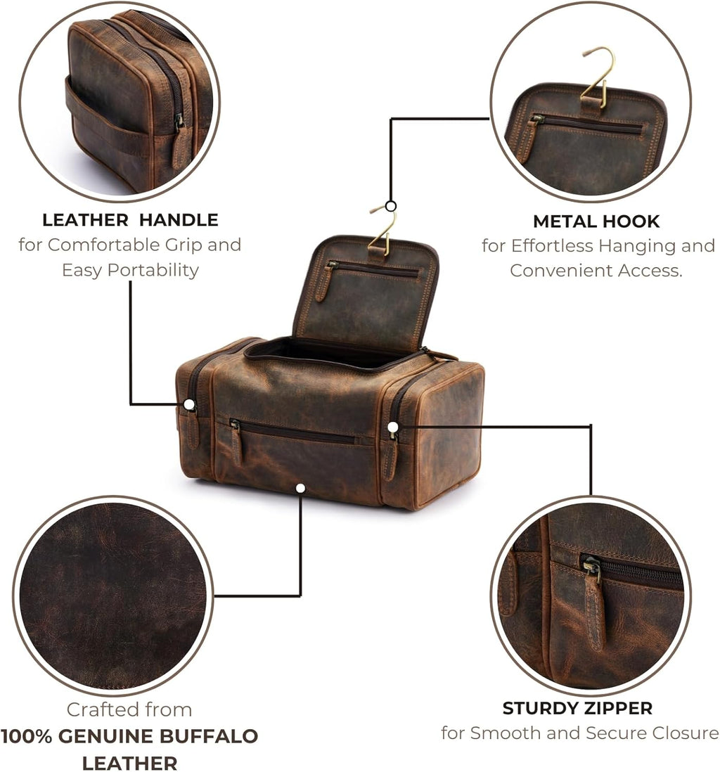 Extra Large Leather Toiletry Bag for Men - Premium Leather Men's Toiletry Bag for Travel, Dopp Kit, Pouch, Large