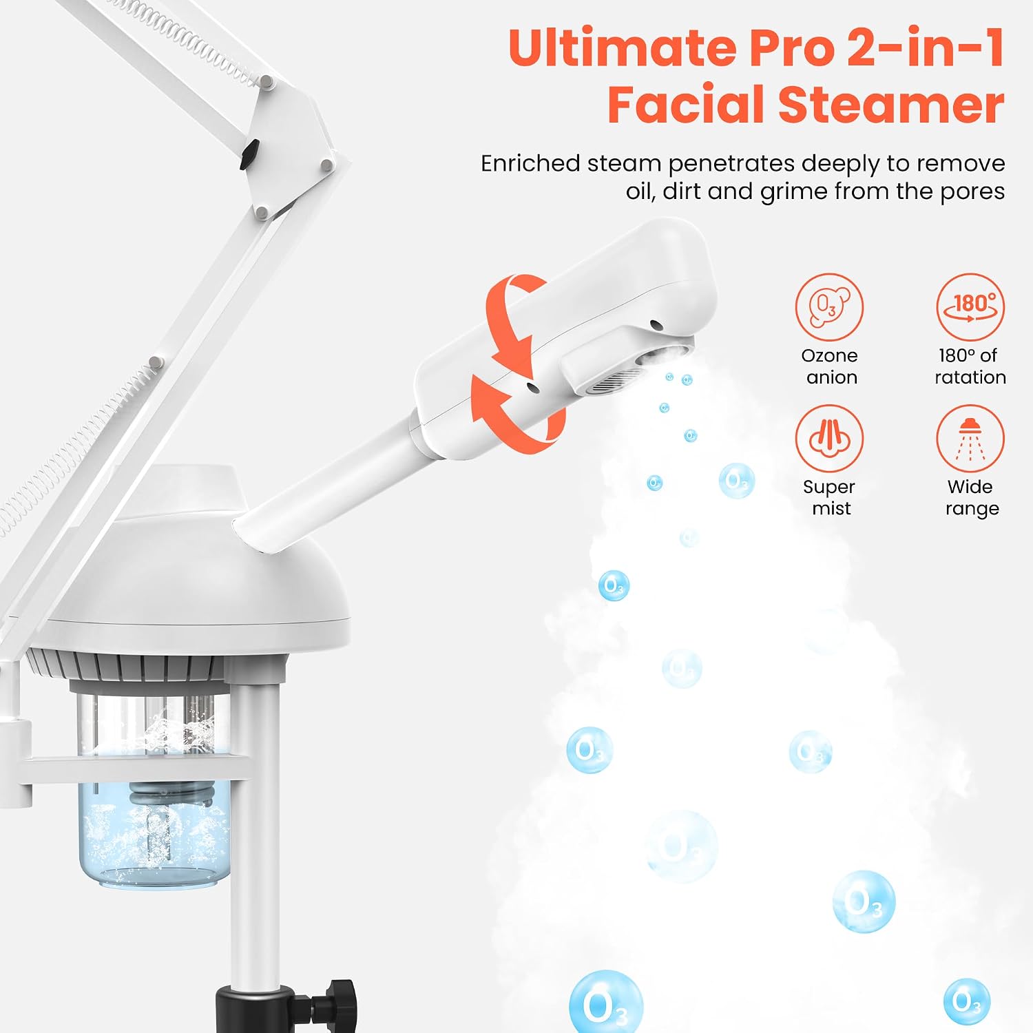 2-in-1 Professional Facial Steamer with 5X Magnifying Lamp | Esthetician Steamer on Wheels with Ozone and Hot Mist
