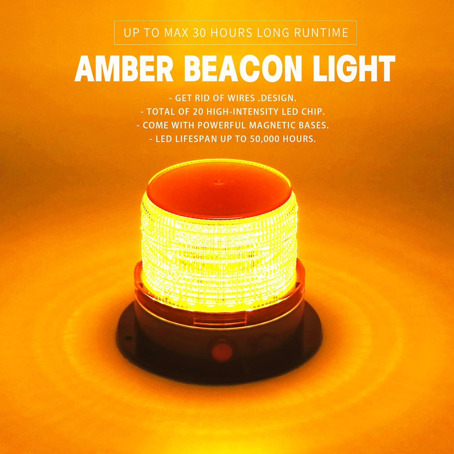 Battery Operated Amber Warning Beacon Light w/Magnetic Base, Portable Rechargeable Mini Roadside Roof Top Plow LED