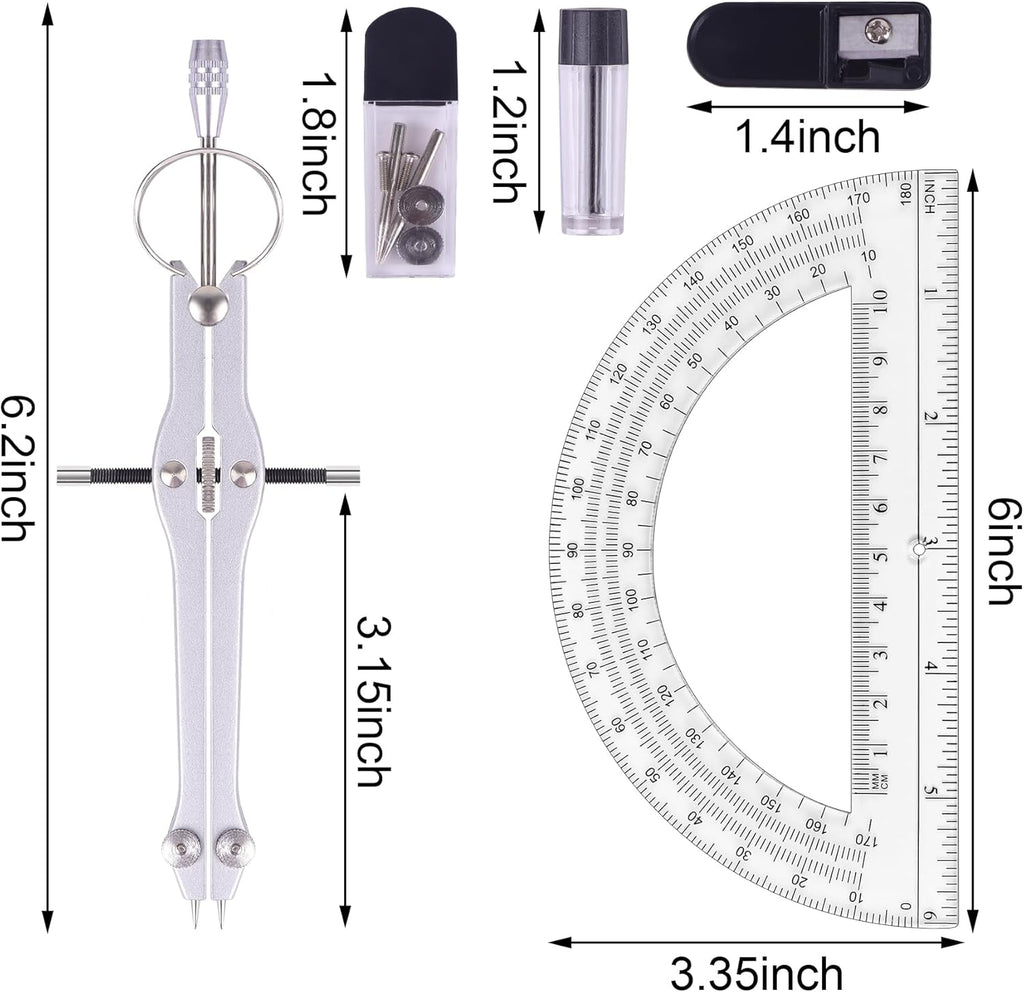 Compass and Protractor Set, Math Compass for Geometry (Silver) | Professional Drawing Compass Tool, Metal Compass