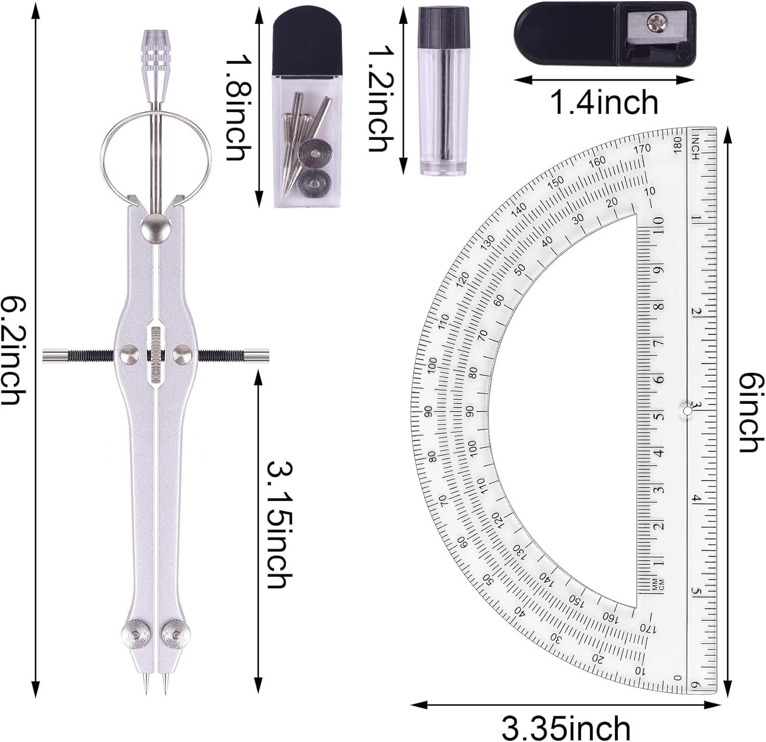 Compass and Protractor Set, Math Compass for Geometry (Silver) | Professional Drawing Compass Tool, Metal Compass