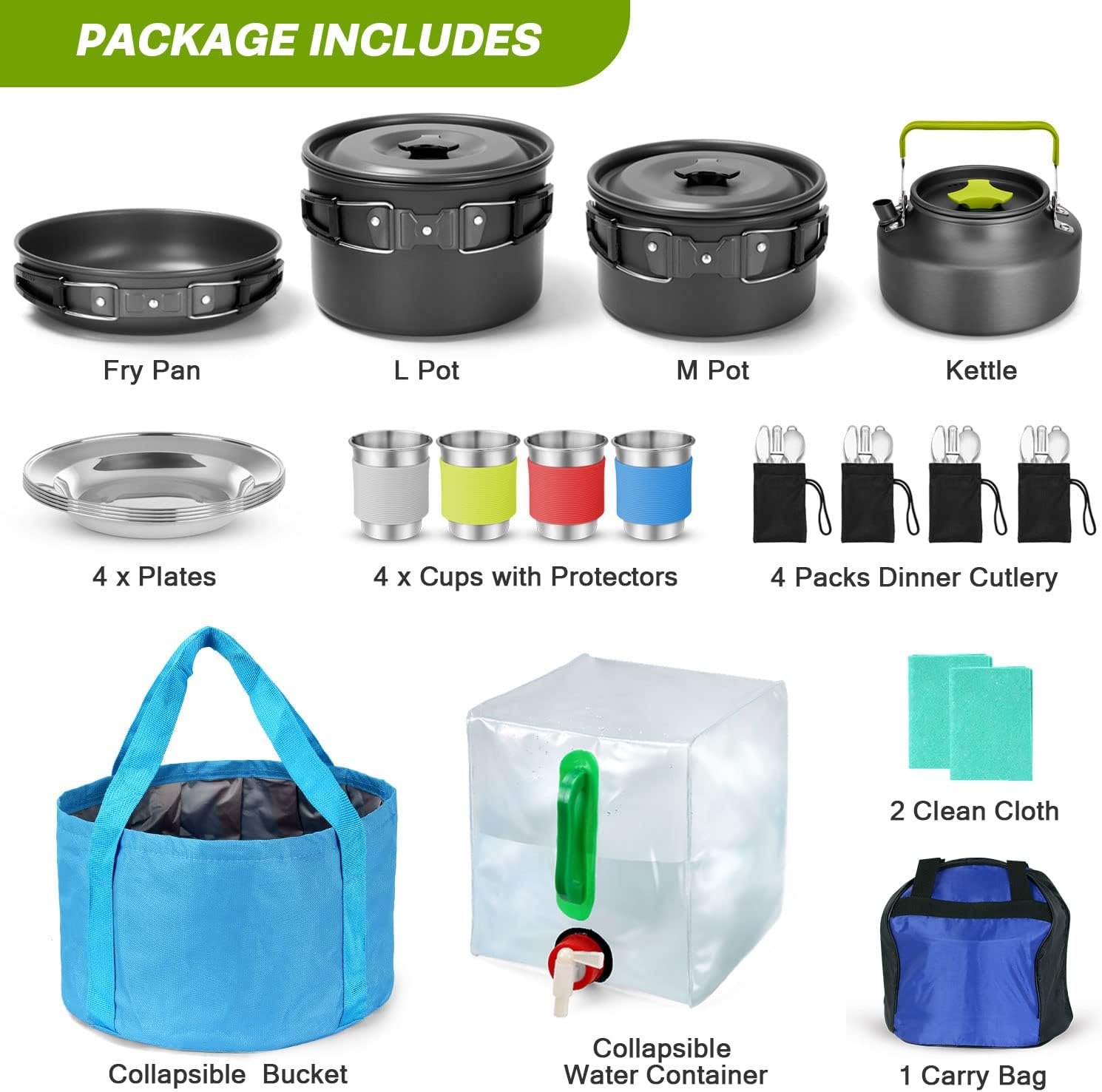 29pcs Camping Cookware Mess Kit, Non-Stick Lightweight Pots Pan Kettle, Collapsible Water Container and Bucket