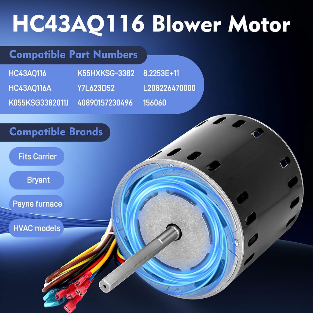 HC43AQ116 Furnace Blower Motor 115V 60Hz 1/2 HP Compatible with Carrier Bryant Payne GE Genteq,Fit for HC43AQ116 HC43AQ116A HC43AE116, HC43AE116A, Y7L623D52, 340MAV048060AHKA, 340MAV048080AJKA