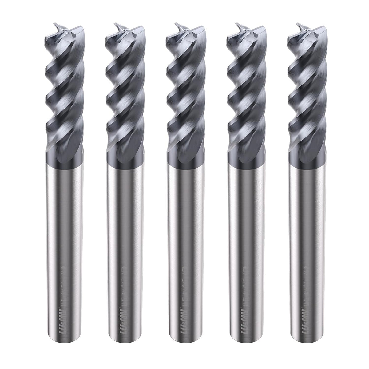 LU&MN Carbide Square End Mills, 4 Flute, 1/4 in, 5 Pieces