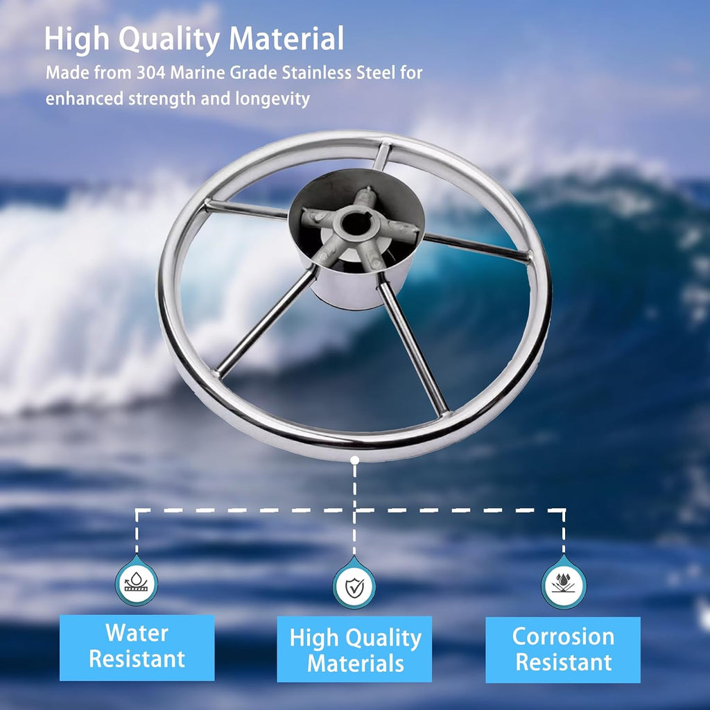 13.5" Destroyer Style Marine Steering Wheel – 5-Spoke Stainless Steel, 3/4" Tapered Shaft, Universal Fit for Pontoon, Bass Boat, Yacht & Sea Vessels, Center Cap Included