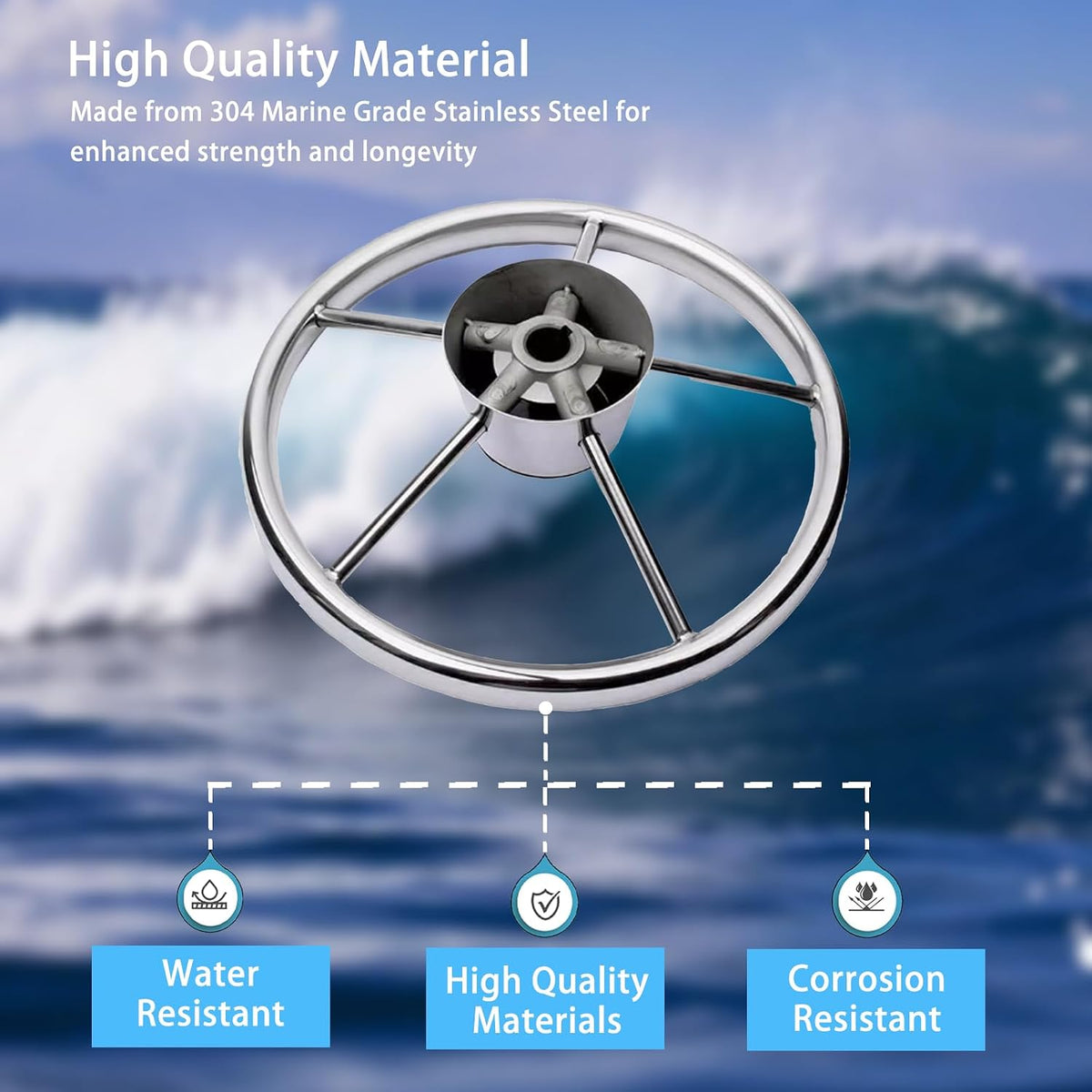 13.5" Destroyer Style Marine Steering Wheel – 5-Spoke Stainless Steel, 3/4" Tapered Shaft, Universal Fit for Pontoon, Bass Boat, Yacht & Sea Vessels, Center Cap Included