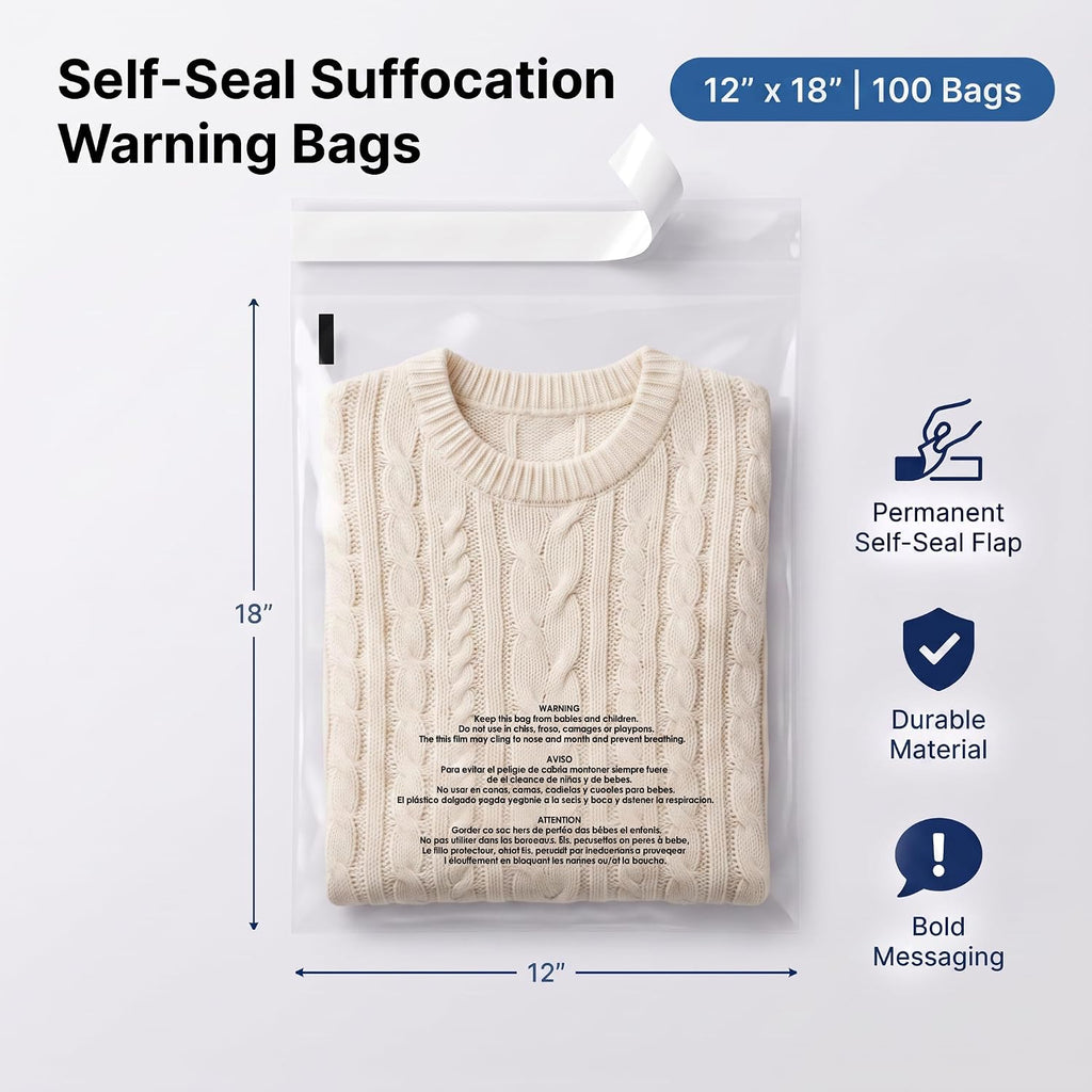 12” X 18” (100 Count) Self Seal Clear Poly Bags with Suffocation Warning