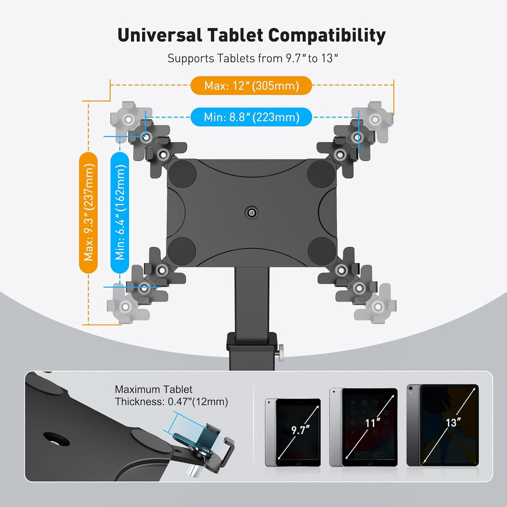 Anti-Theft iPad Kiosk Stand, 360 Rotation & Adj. Height 8.3"–13.4", Heavy-Duty Steel & Aluminum, Fits 9.7"-13"
