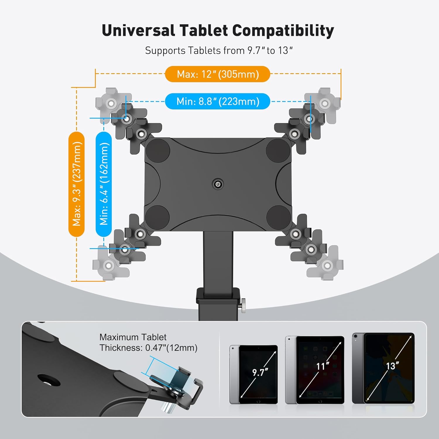 Anti-Theft iPad Kiosk Stand, 360 Rotation & Adj. Height 8.3"–13.4", Heavy-Duty Steel & Aluminum, Fits 9.7"-13"