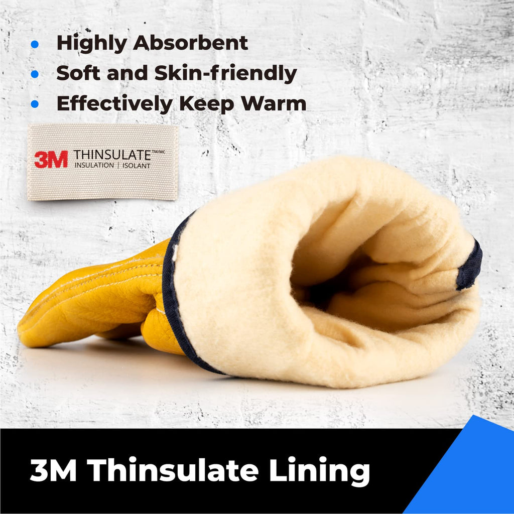 Winter Leather Work Gloves, Warm Thinsulate Lining for Cold Weather Work, 100% Full Grain Cowhide with Abrasion and