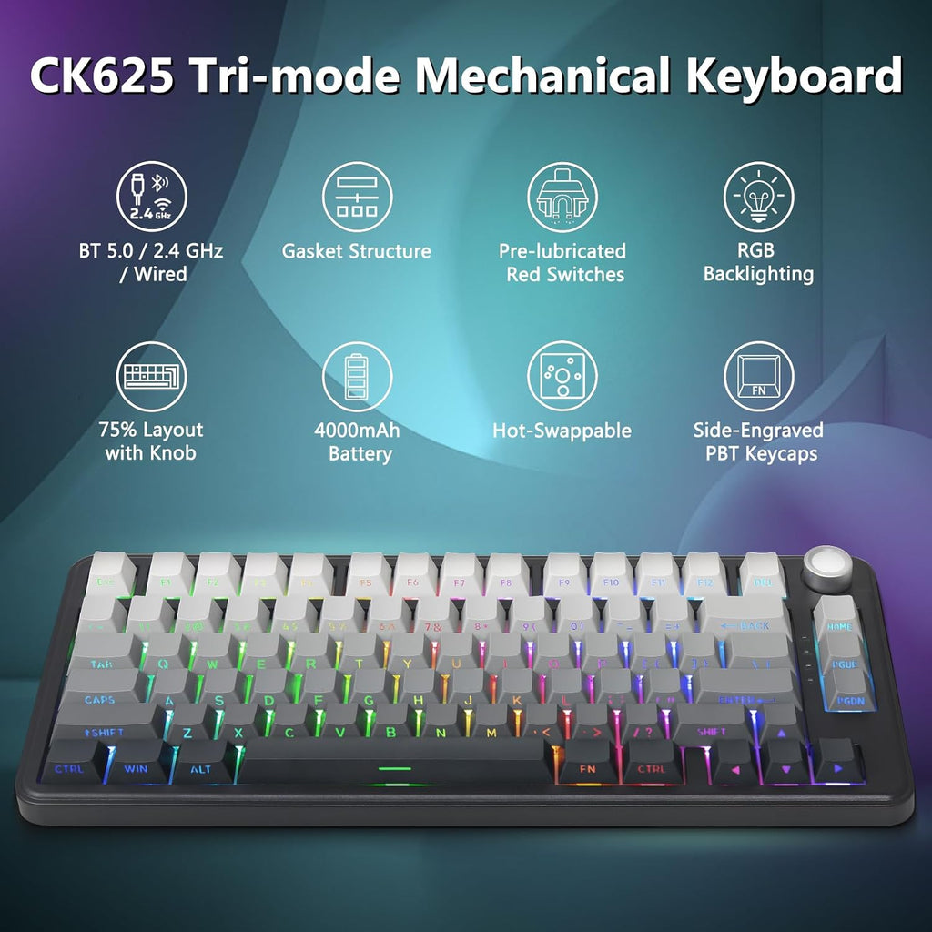 75% Wireless Mechanical Gaming Keyboard, Creamy Sound, Black