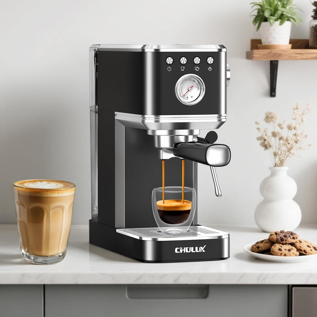 Slim Espresso Machine with Milk Frother for Home Cappuccino, Black | Precise Pressure Gauge, Food-Grade Materials, 20