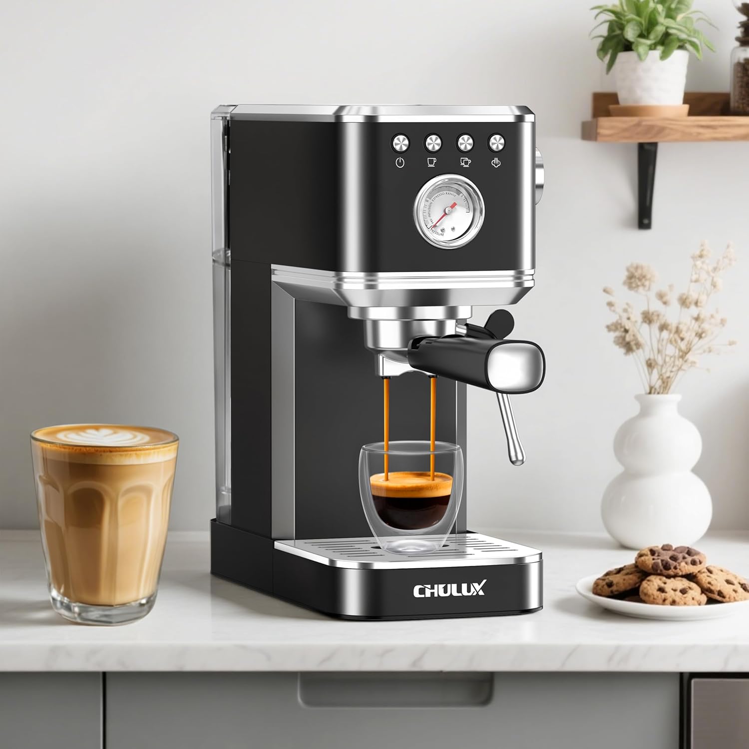 Slim Espresso Machine with Milk Frother for Home Cappuccino, Black | Precise Pressure Gauge, Food-Grade Materials, 20