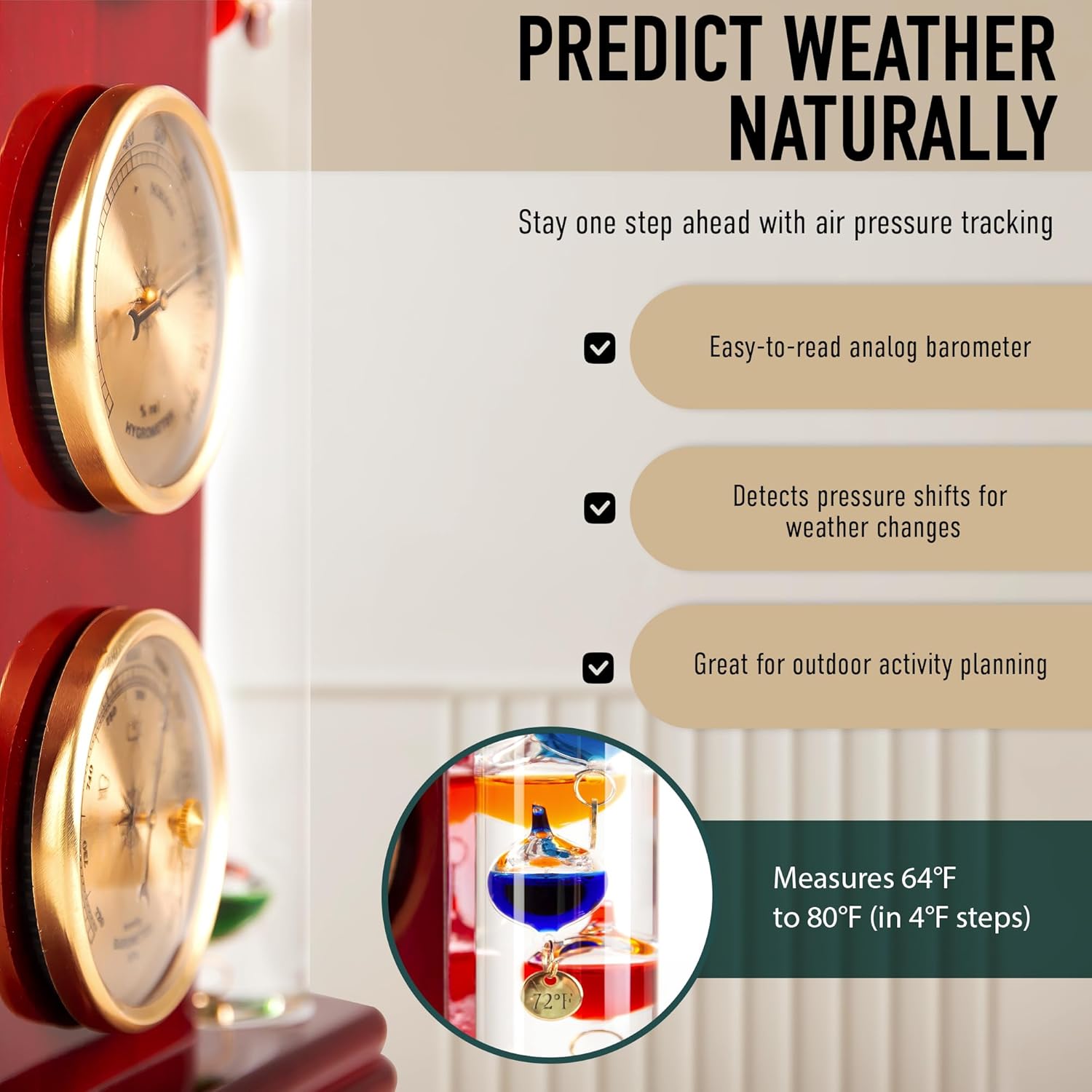 Classic Analog Weather Station with Galileo Thermometer,Barometer,Hygrometer,and Precision Quartz Clock.Home